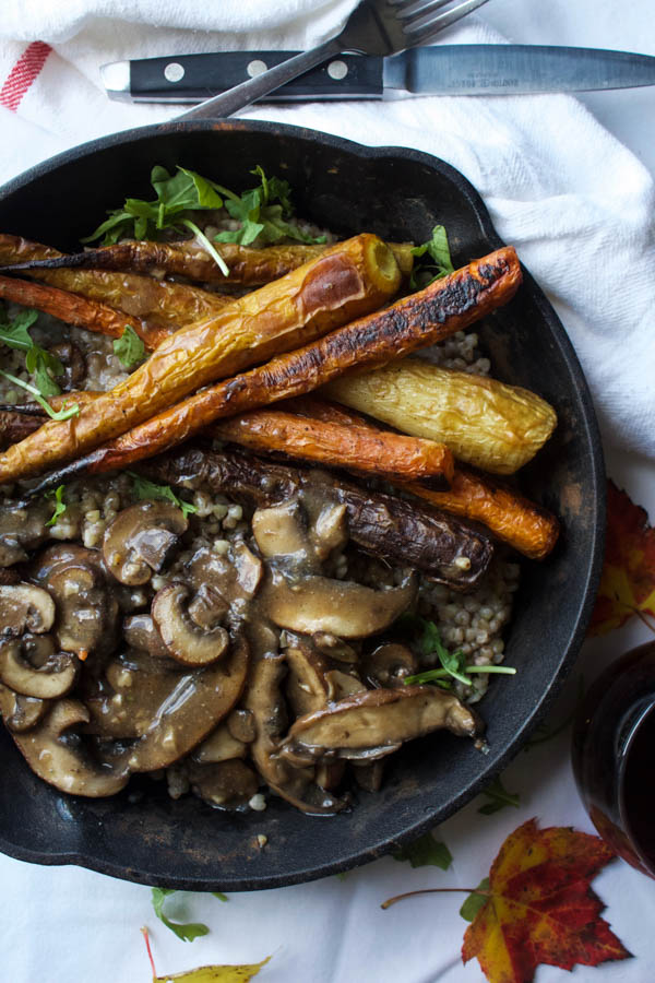 Savoury Buckwheat with Roasted Heirloom Carrots and Miso Mushroom Gravy
