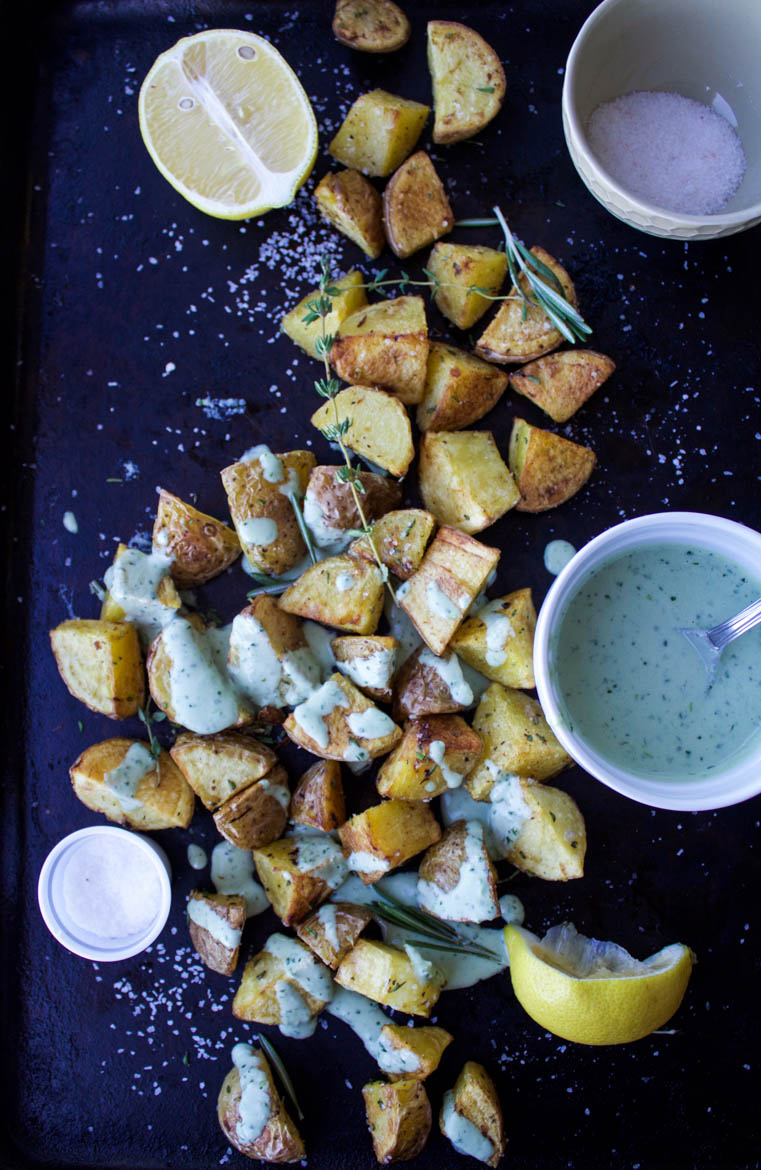 Garlicky Roasted Potatoes With Green Goddess Tahini | Earth & Oven