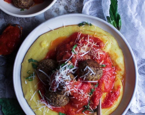 4 Ingredient Baked Lentil Meatballs with Cheesy Polenta and Tomato Sauce