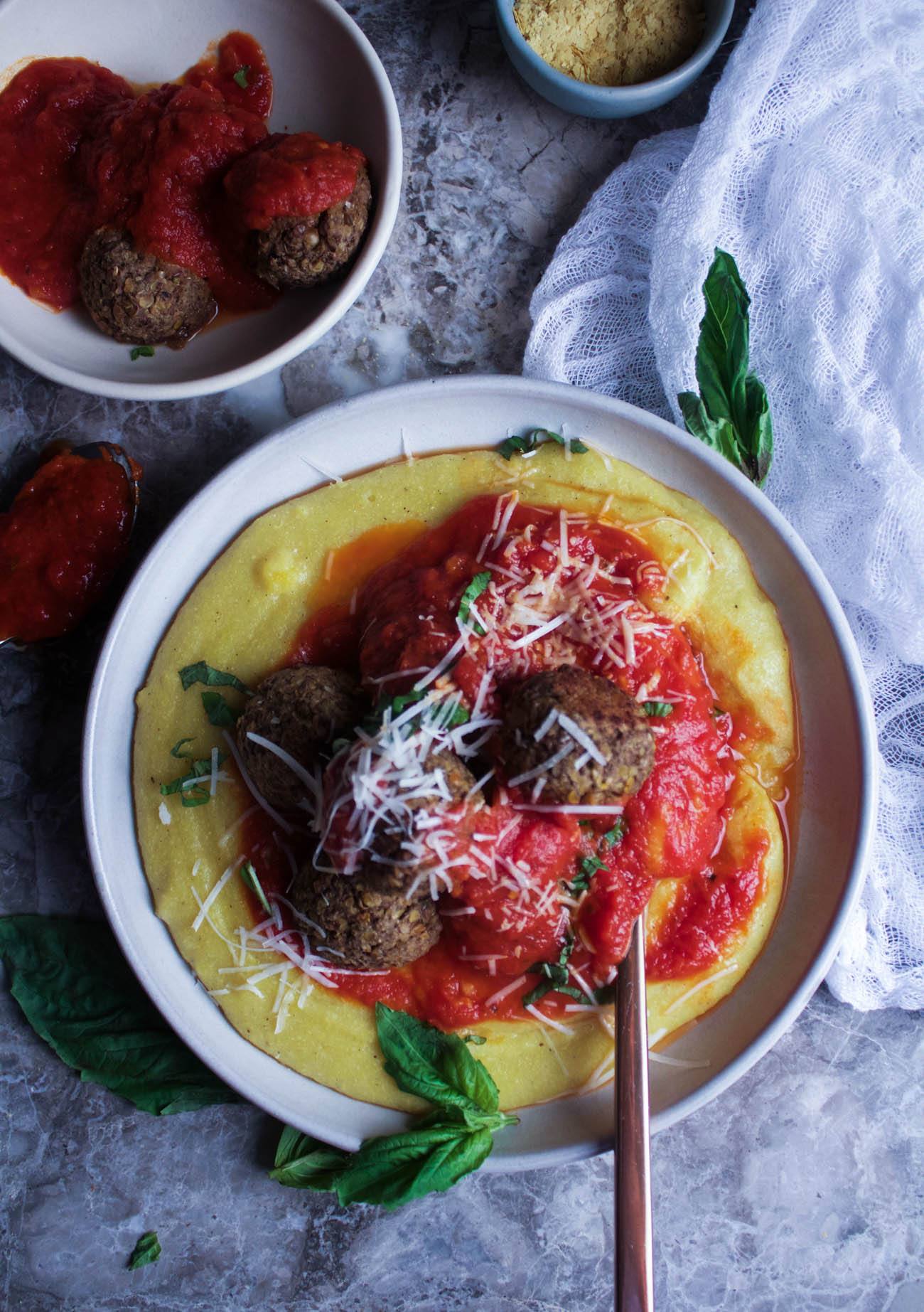 4 Ingredient Baked Lentil Meatballs with Cheesy Polenta and Tomato Sauce