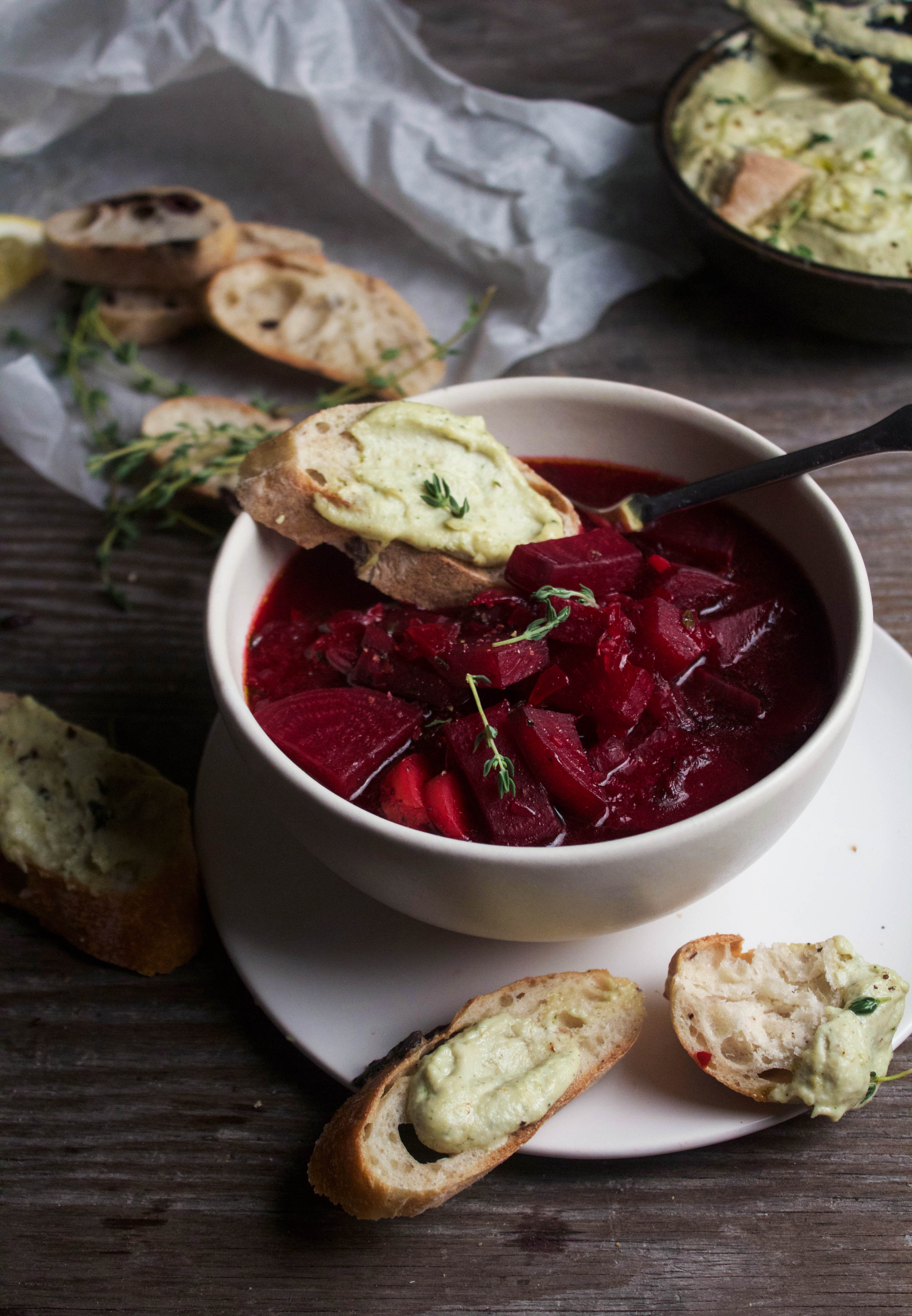 Humble Beet Soup w/ Herbed Cashew Cheese Toasties | EARTH & OVEN