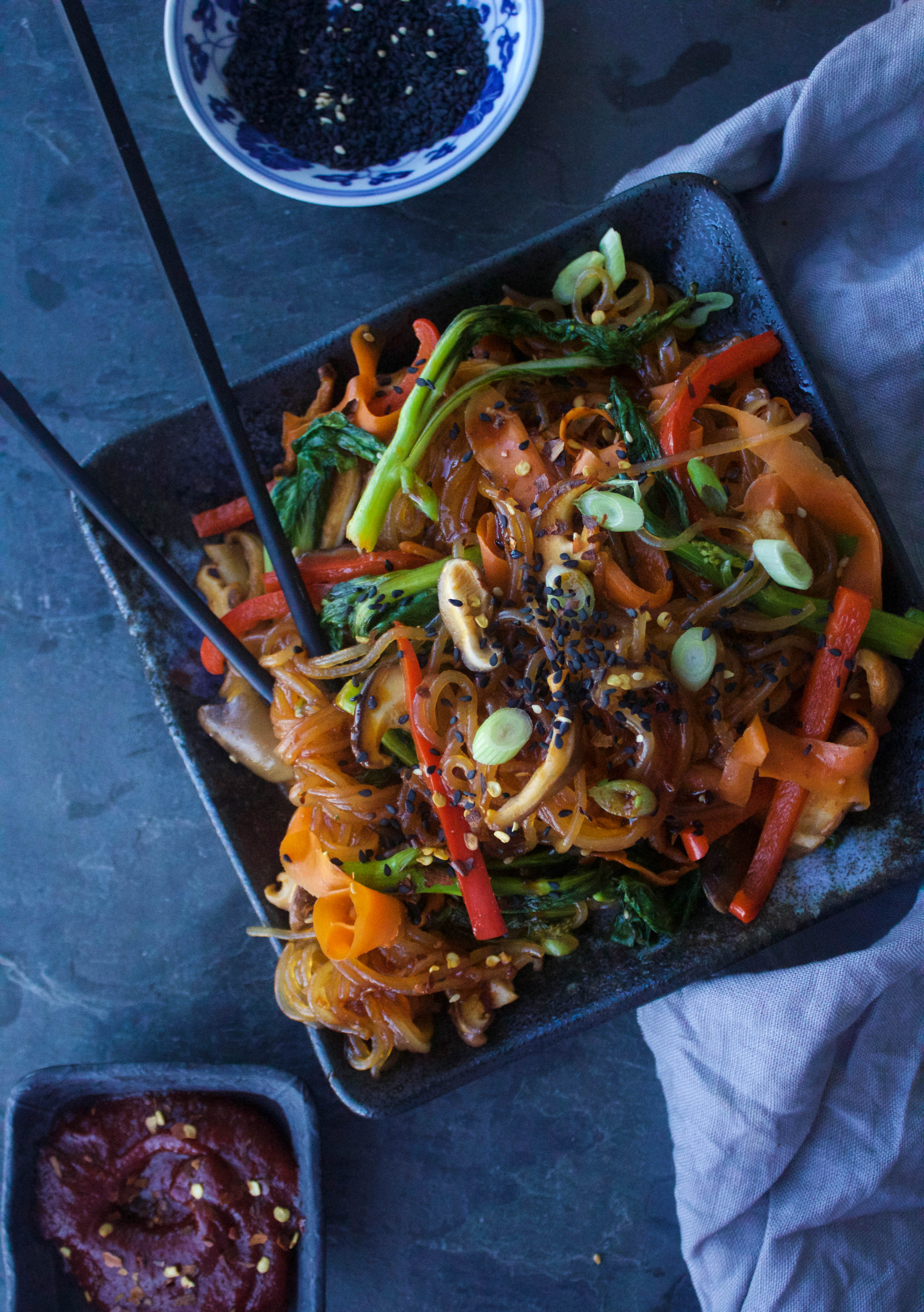 Spicy Vegan Japchae {Korean Stir Fried Noodles} | EARTH & OVEN 