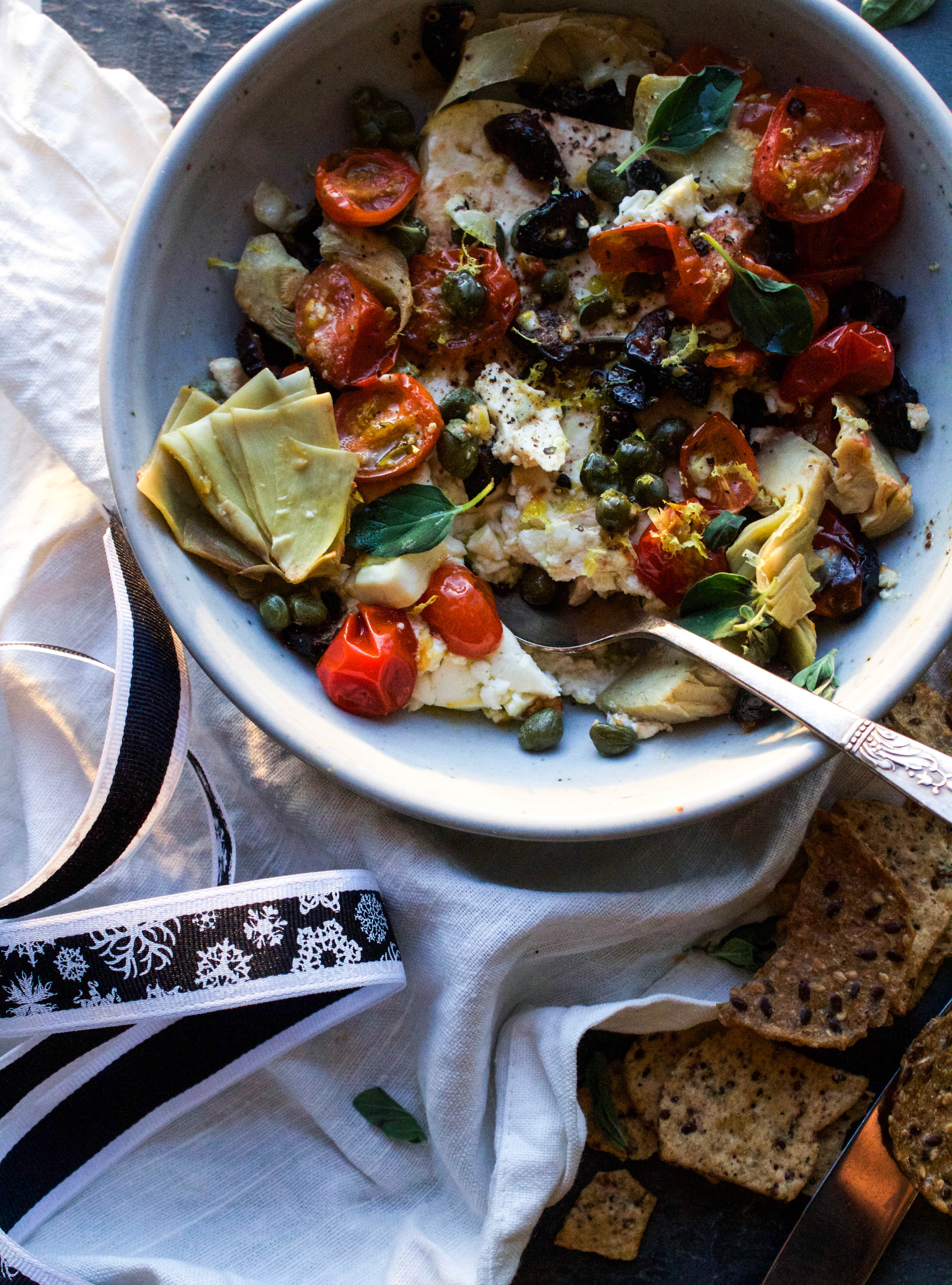 Baked Feta Meze w/ Charred Tomatoes and Capers | Earth & Oven 