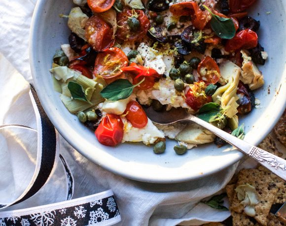 Baked Feta Meze w/ Charred Tomatoes and Capers | Earth & Oven