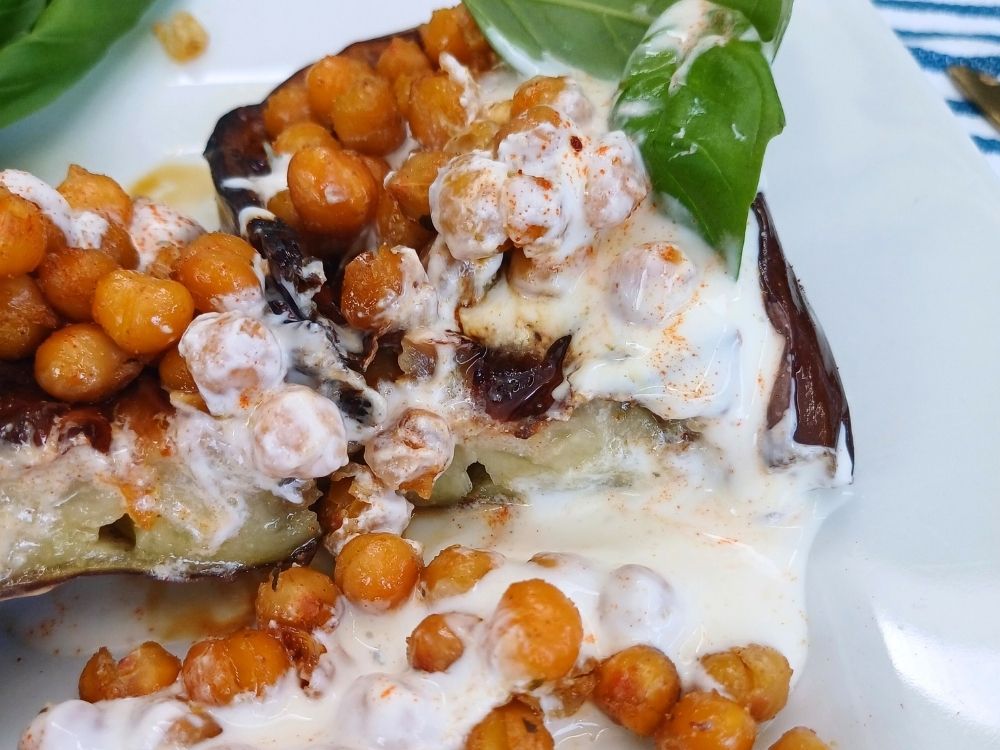 Charred eggplant with curried chickpeas