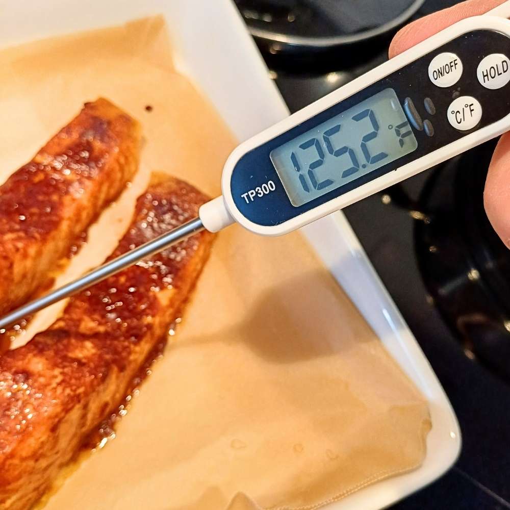 The inside temperature of miso glazed salmon should be 125F