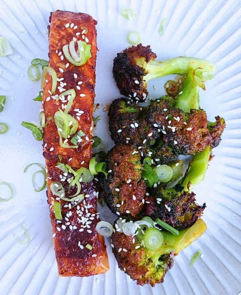 Miso butter glazed salmon fillet with roasted broccoli