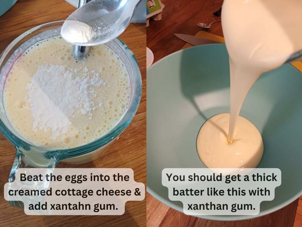 Two images side by side showing steps in preparing a cottage cheese and egg bite mixture with an immersion blender in a bowl