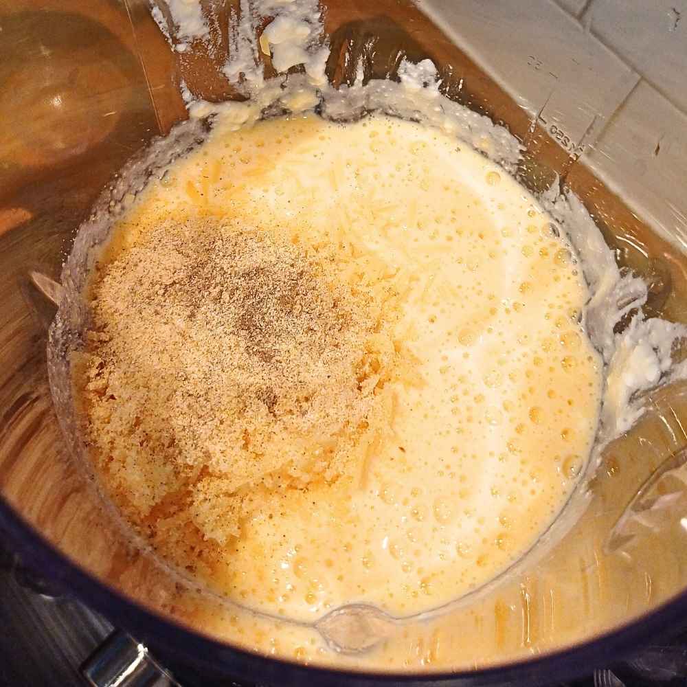 cottage cheese and eggs blended together in a blender with garlic powder and pepper