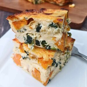 Sliced of high protein egg bake with cottage cheese and vegetables