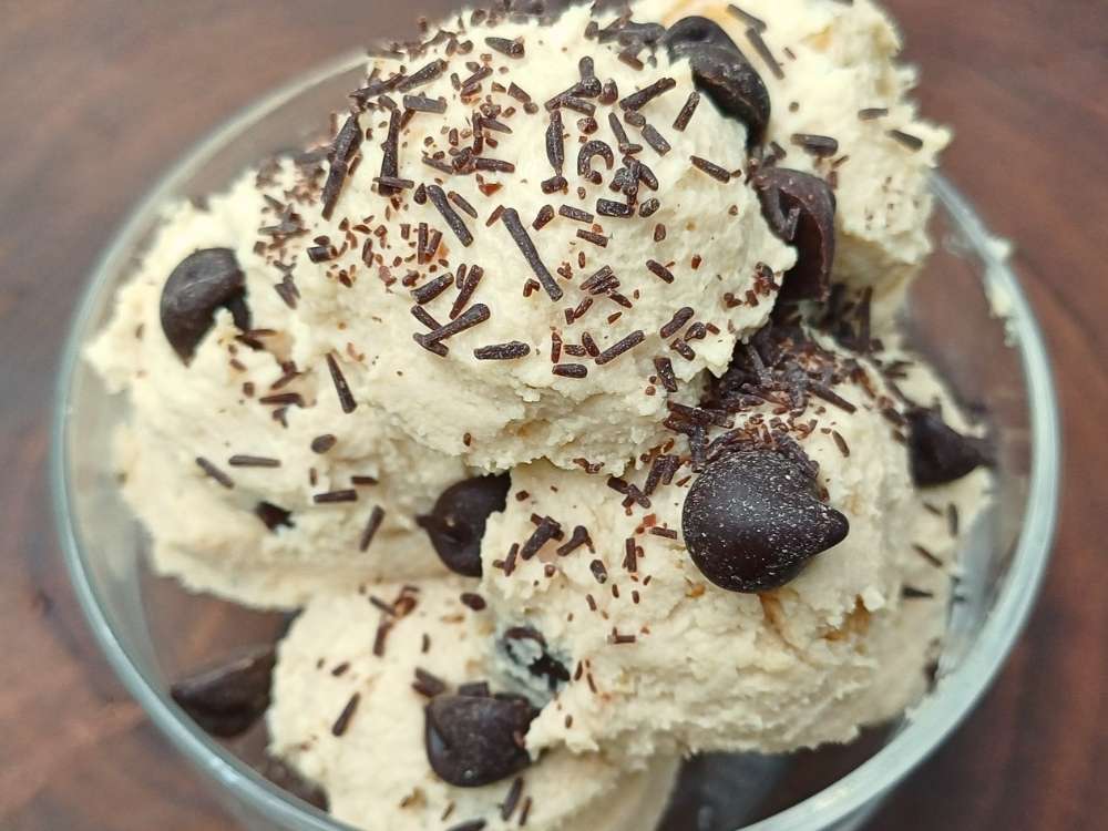 Close up of a cottage cheese cookie dough, homemade dessert with chocolate chips.