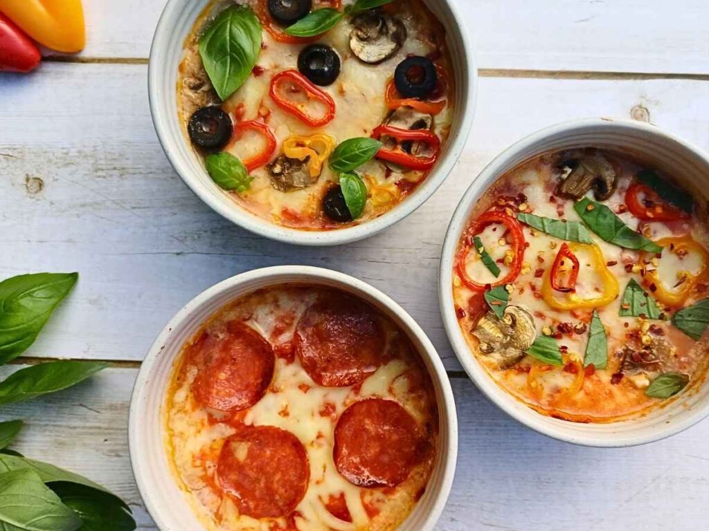 Cottage cheese pizza bowls baked in the oven with pizza toppings