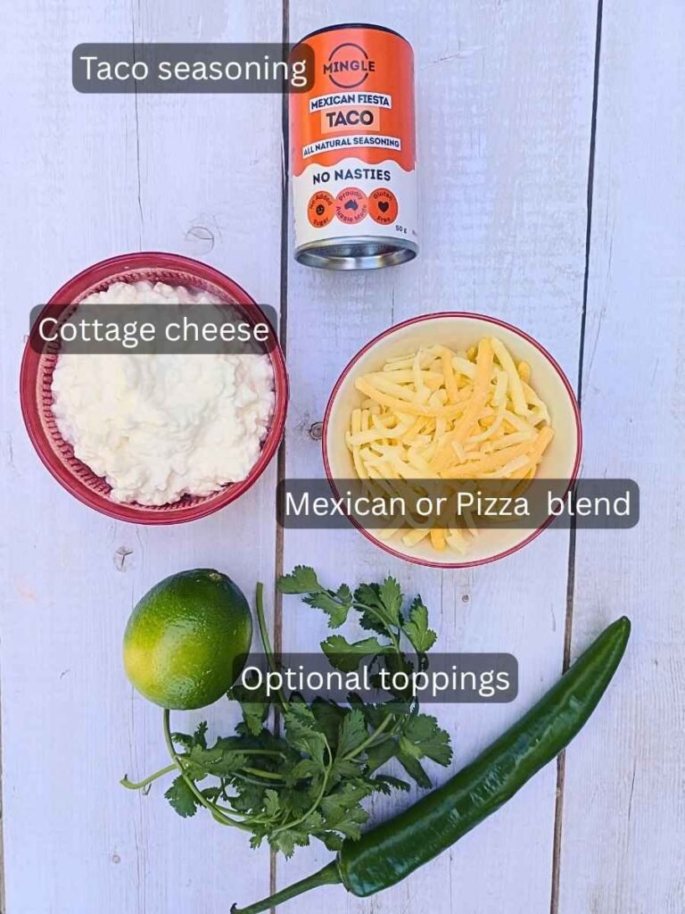 Ingredients flat lay for cottage cheese queso and toppings