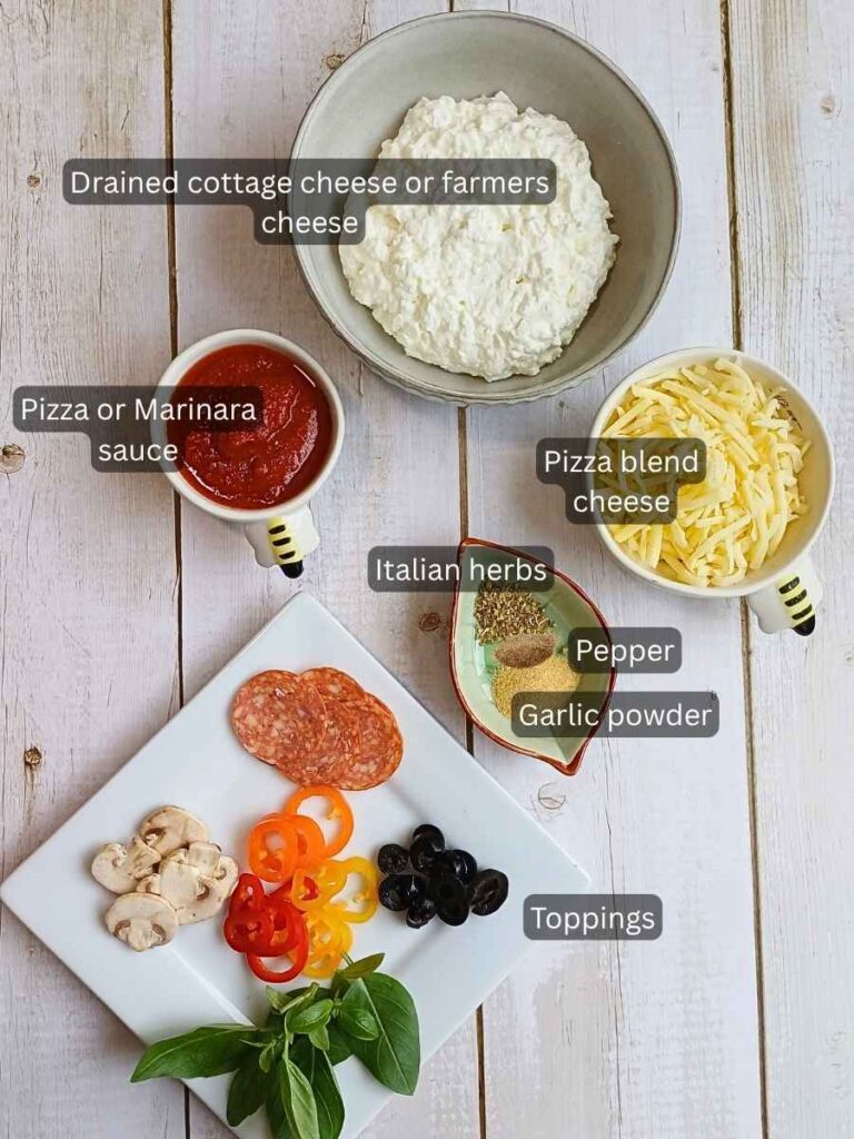 Ingredients for cottage cheese pizza bowl recipe