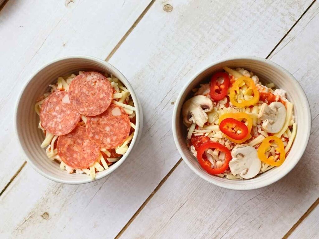 Cottage cheese pizza bake bowls with fresh toppings