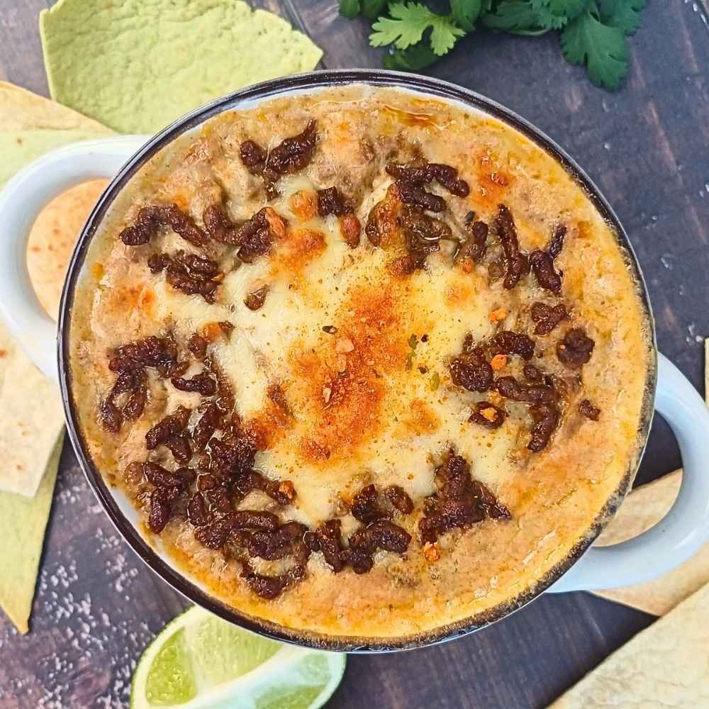 cottage cheese queso with ground beef and tortilla chips