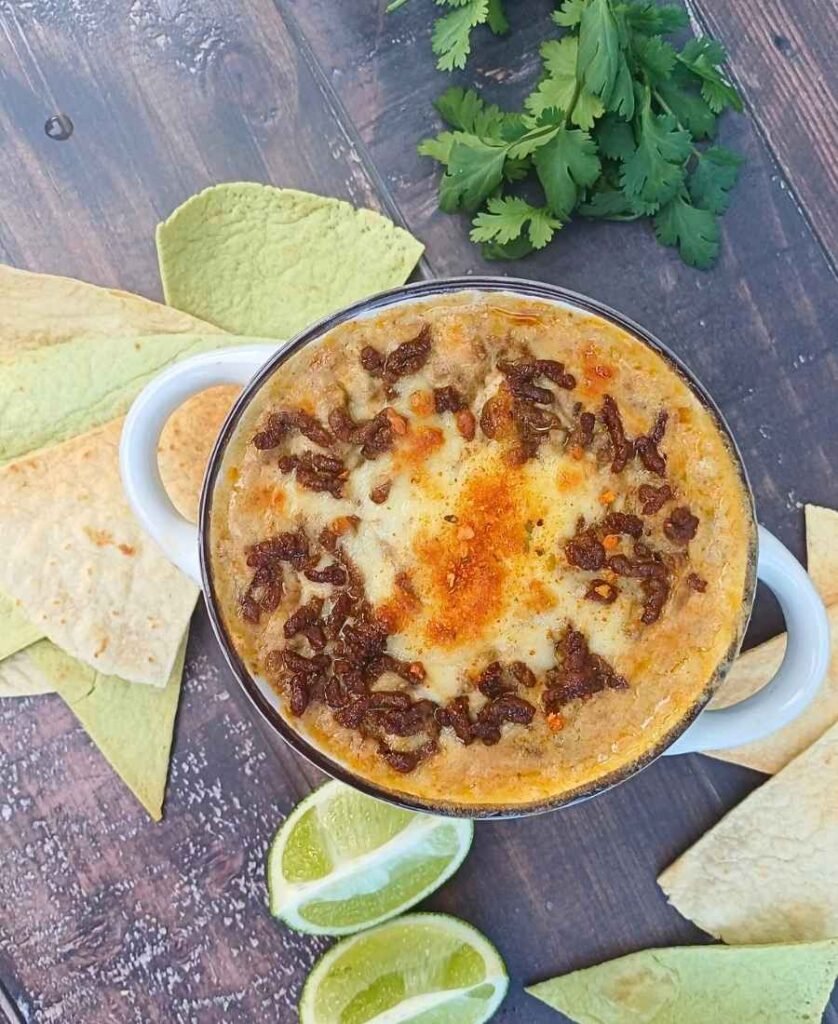 Cottage cheese queso with ground beef and keto tortilla chips