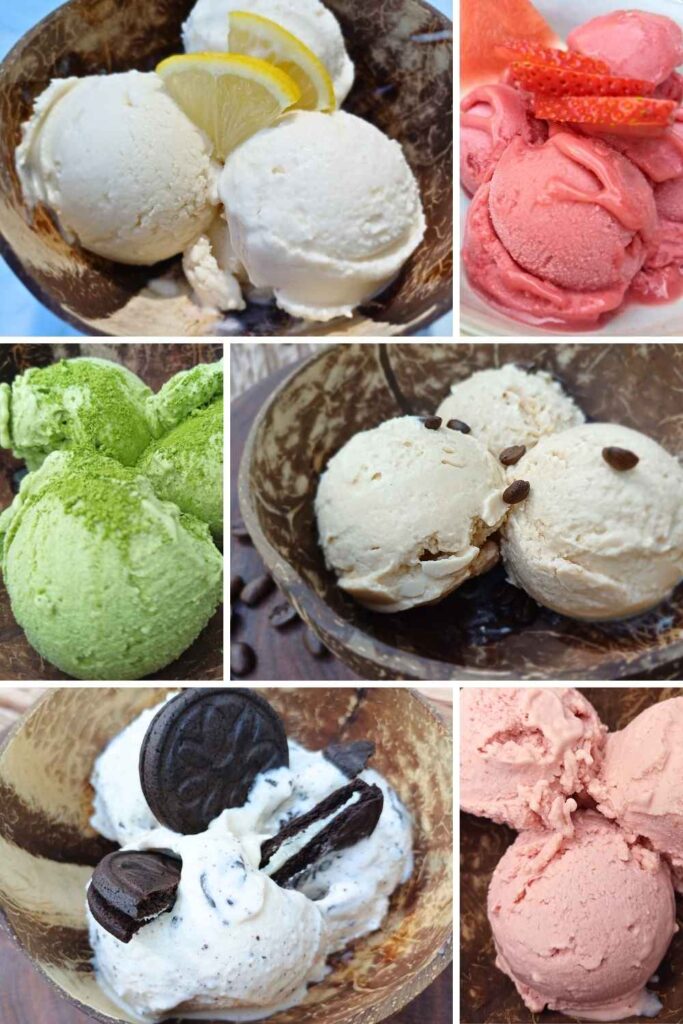 Collage of various flavors of Ninja creami recipes including lemon, strawberry sorbet, matcha, coffee and cookies and cream