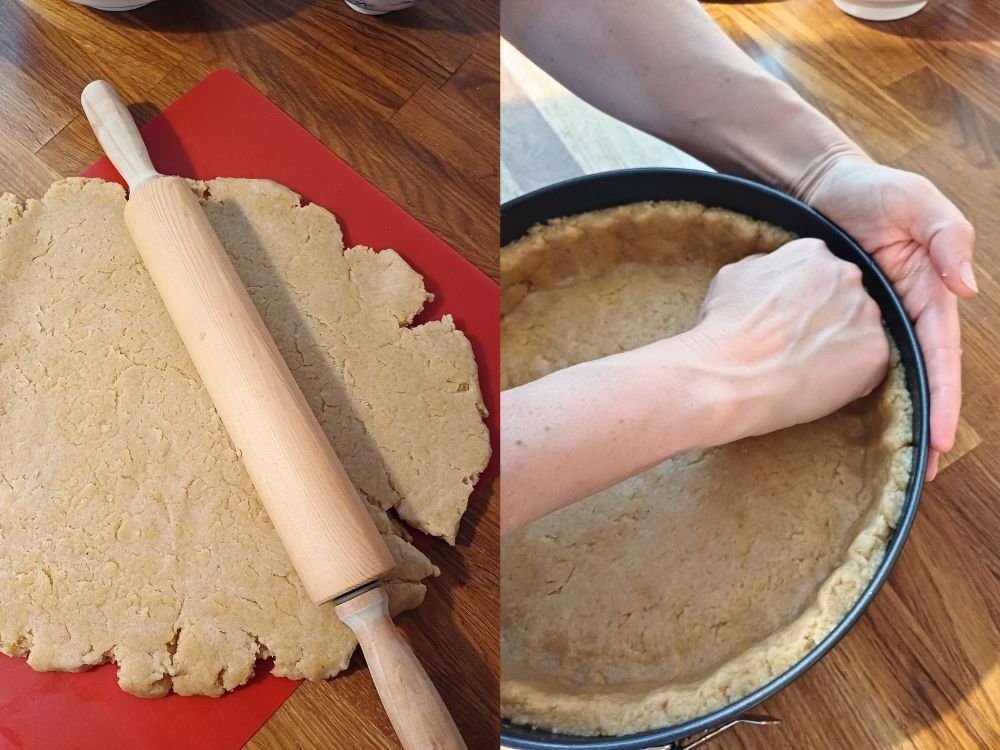 Instructional images on how to roll out and mould the dough for pumpkin pie crust