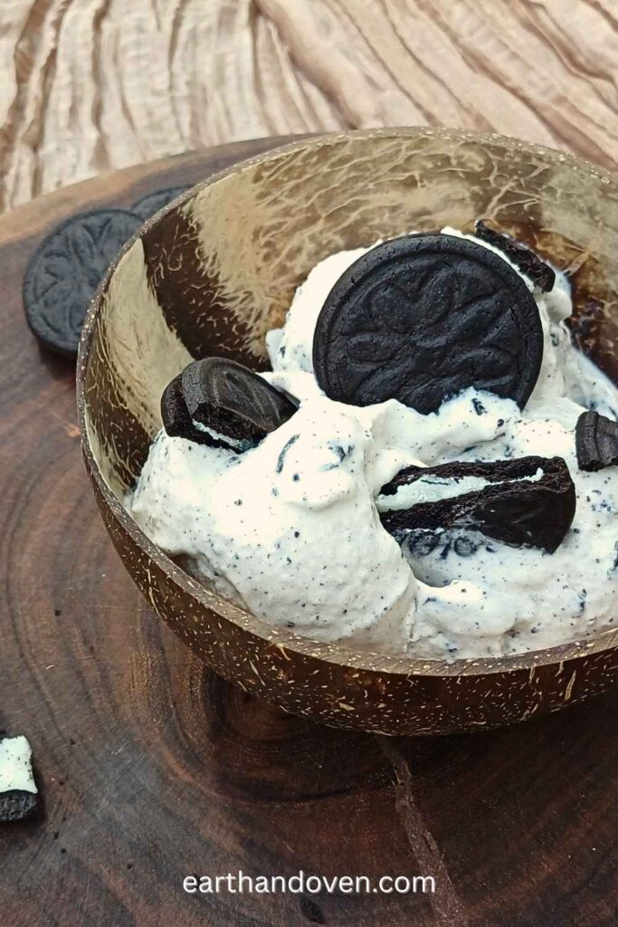 Cookies and cream ice cream topped with dark cream filled cookies
