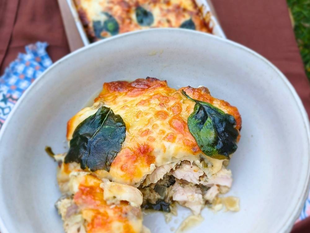 Keto chicken mushroom casserole served in a bowl.