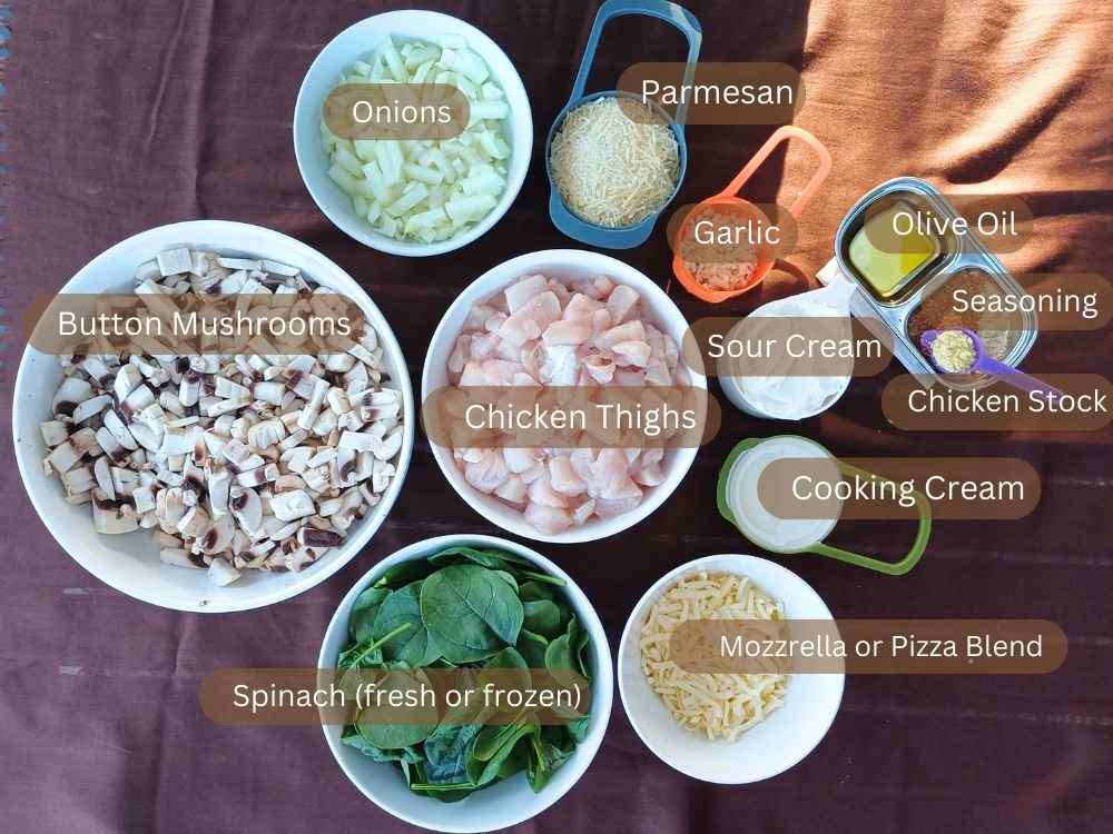 Ingredients for low-carb chicken casserole with mushrooms and spinach.