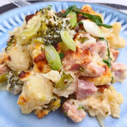 Close up of a creamy keto ham casserole with vegetables