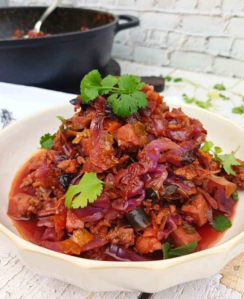 Cabbage and ground beef casserole in a bowl