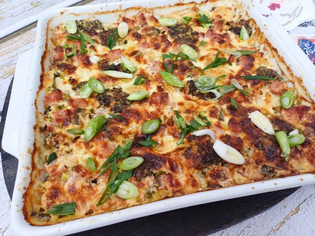 Keto ham casserole in a baking dish