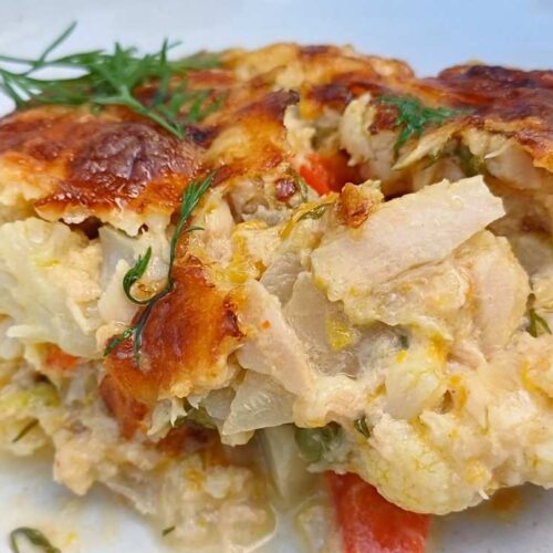 Close up of a serving of a keto tuna casserole