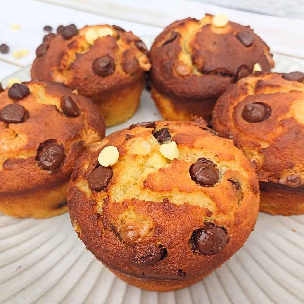 Chocolate chip almond flour muffins on a plate close up