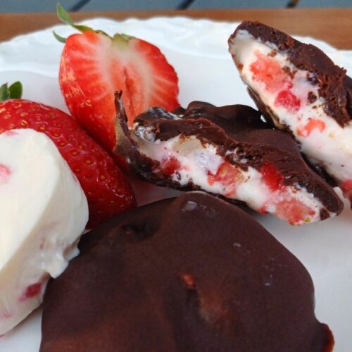 Strawberry yogurt bites coated in chocolate