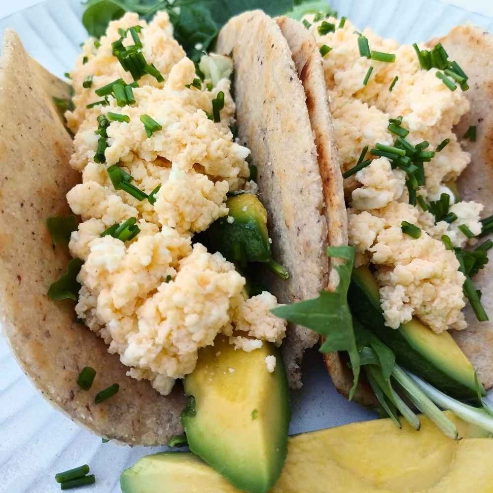 Cottage cheese scrambled eggs in a keto tortilla