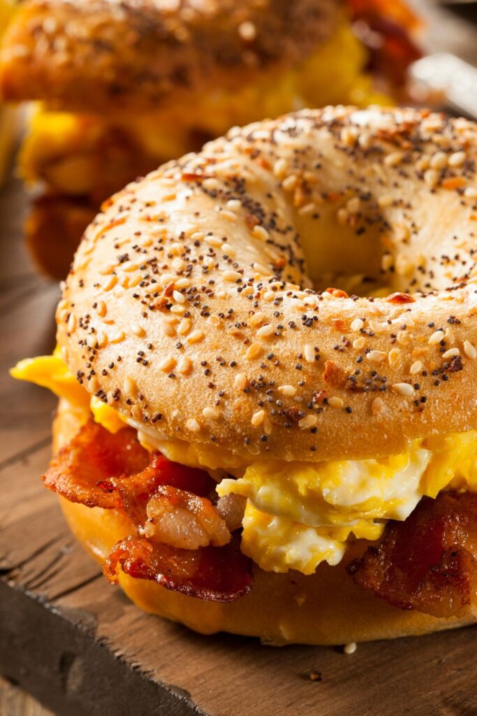 Breakfast bagel idea made from sourdough bagel recipe filled with bacon and eggs
