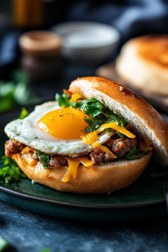Italian sausage on a sourdough bagel with egg sunny side up and melted cheese showing the toppings and the top of the bagel is slightly to the side