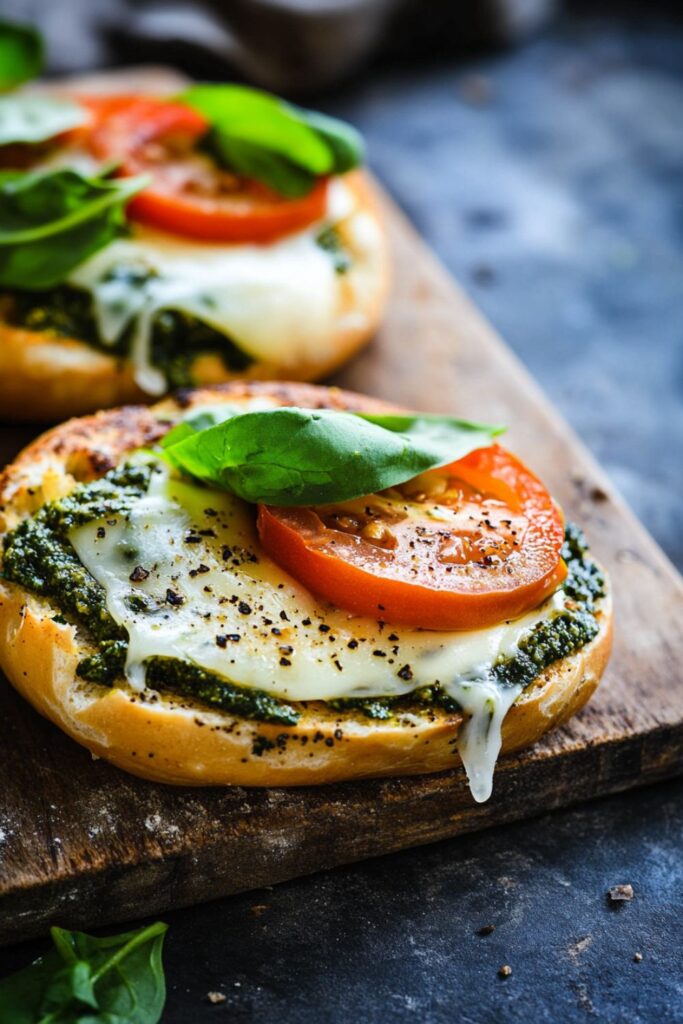 Open bottom side of the sourdough bagel with green pesto, melted mozzarella chees and tomato