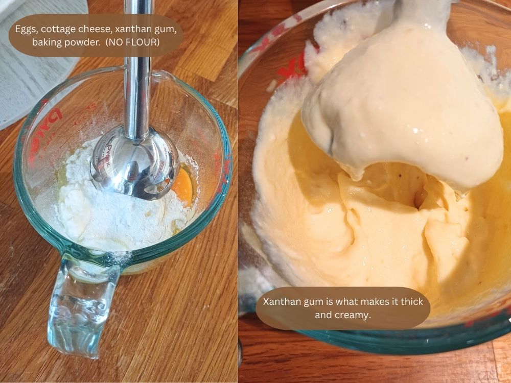 Two side by side images showing steps of blending pancake batter