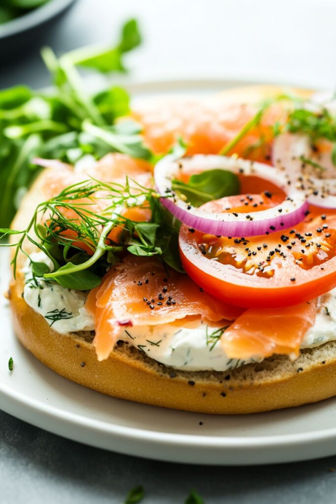 Open bottom half of the bagel showing cream cheese, smoked salmon, tomato, red onion, dill and watercress