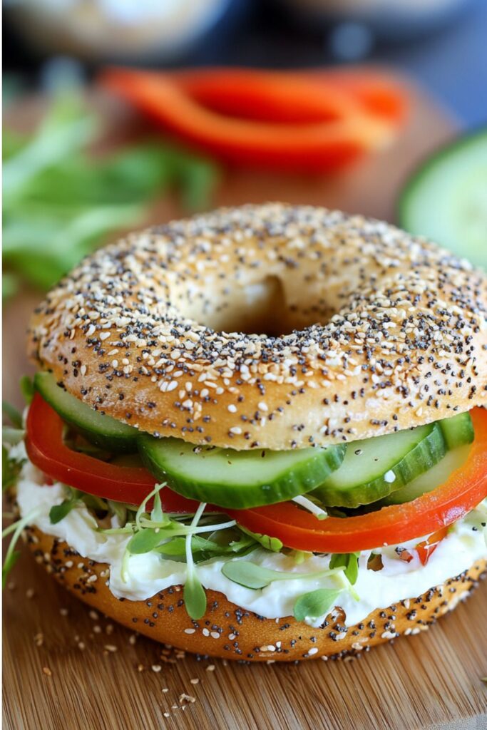 Vegetarian bagel sandwich idea with cream cheese, watercress, fresh slices of tomato and slices of crunchy cucumber with top half sprinkled with everything seasoning