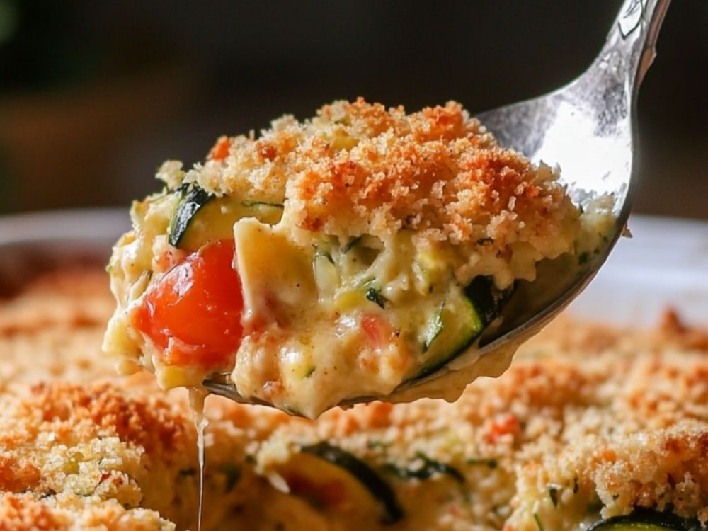 zucchini casserole recipe with tomatoes onions and cheesey sauce