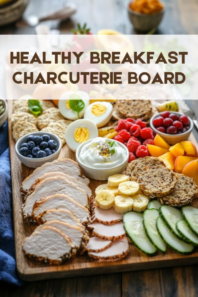 Healthy charcuterie board filled with turkey, vegetables and fresh fruit and boiled eggs.