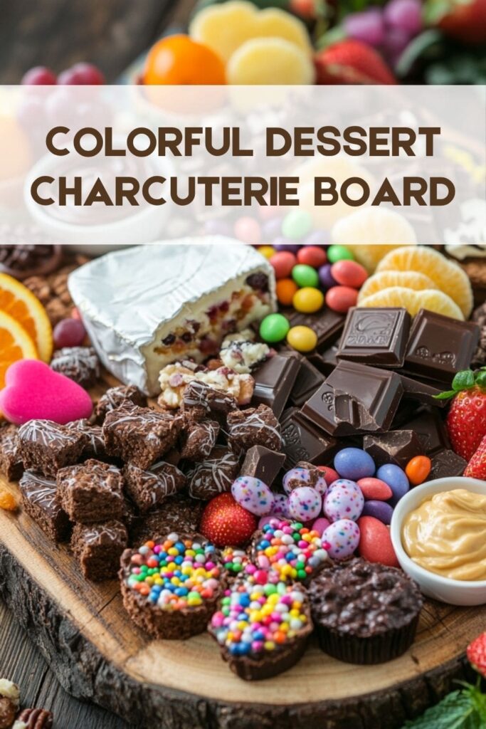 Colorful dessert charcuterie board featuring candy, chocolates, cookies, fruit and cheese.