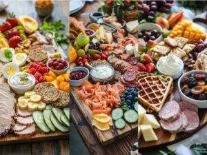 Breakfast Charcuterie Board Ideas filled with variety for cured meats, smoked salmon, fresh vegetables and fruits on wooden boards.