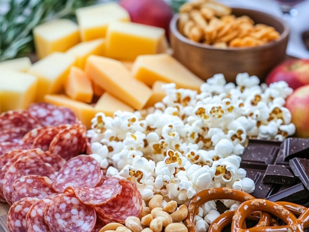 Simple charcuterie board with salami, popcorn, cheese and fruit.