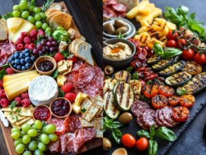 Summer charcuterie boards displaying variety of cheeses, cold meats and grilled vegetables with fresh fruit on wooden or stone boards.