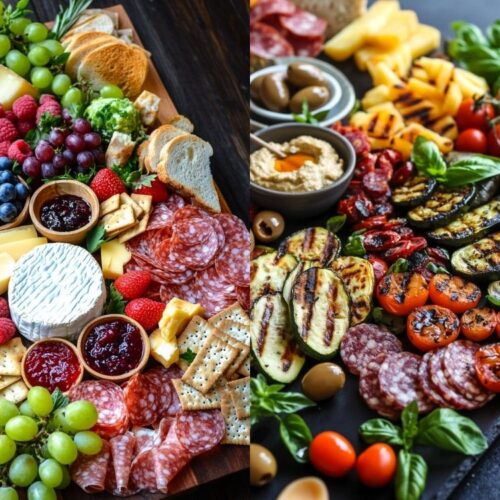 Summer charcuterie boards displaying variety of cheeses, cold meats and grilled vegetables with fresh fruit on wooden or stone boards.