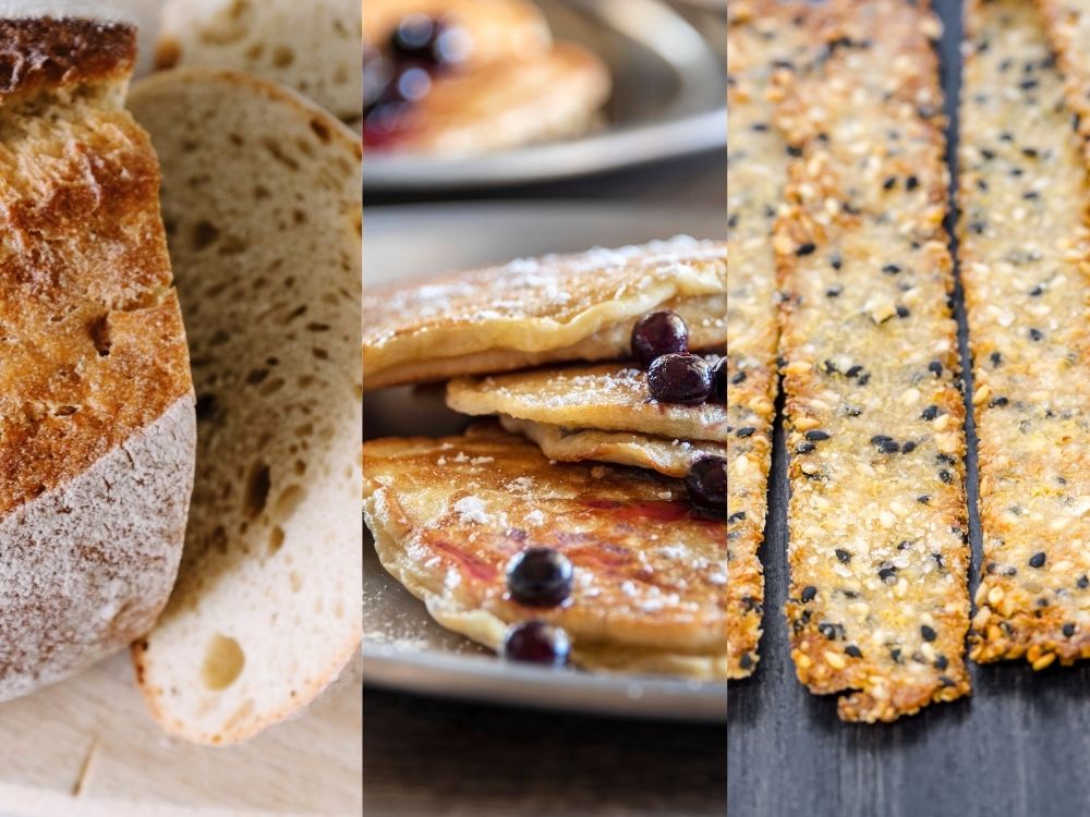 Collection of sourdough discard recipes including bread, crackers and pancakes.