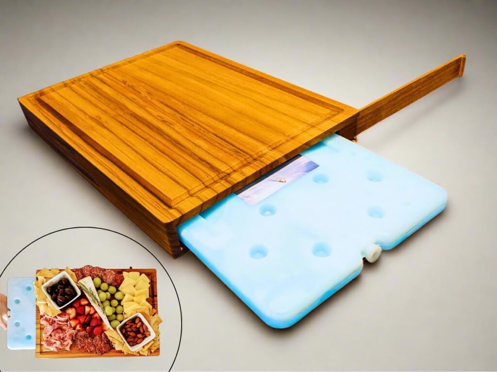 Charcuterie board from Amazon with an ice pack inside to keep food cool.