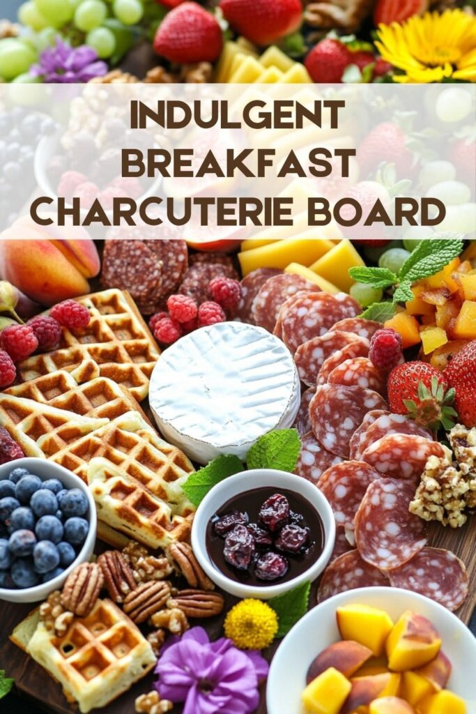 Indulgent charcuterie board with waffles, brie cheese, chocolate coated almonds, berries and salami.