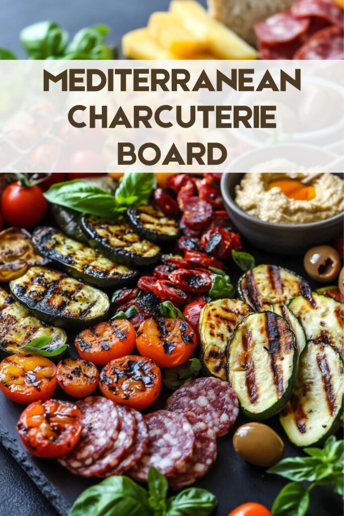 Mediteranean style summer charcuterie board with grilled vegetables, cured meats, hummus and cheeses.
